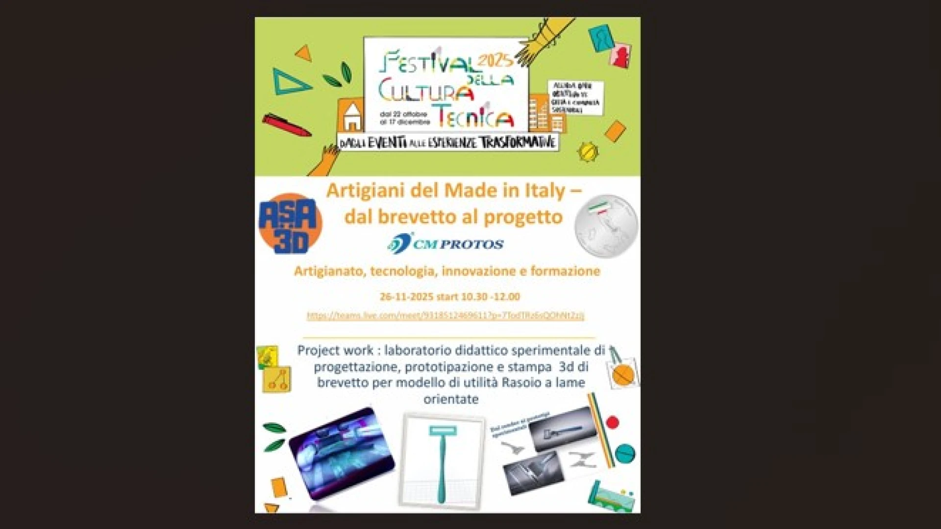 Artigiani del made in Italy, dal brevetto al progetto: ASA3D e l’ente di formazione CM PROTOS presentano il project work di additive manufacturing sperimentale al Festival della Cultura Tecnica promosso dalla Città metropolitana di Bologna